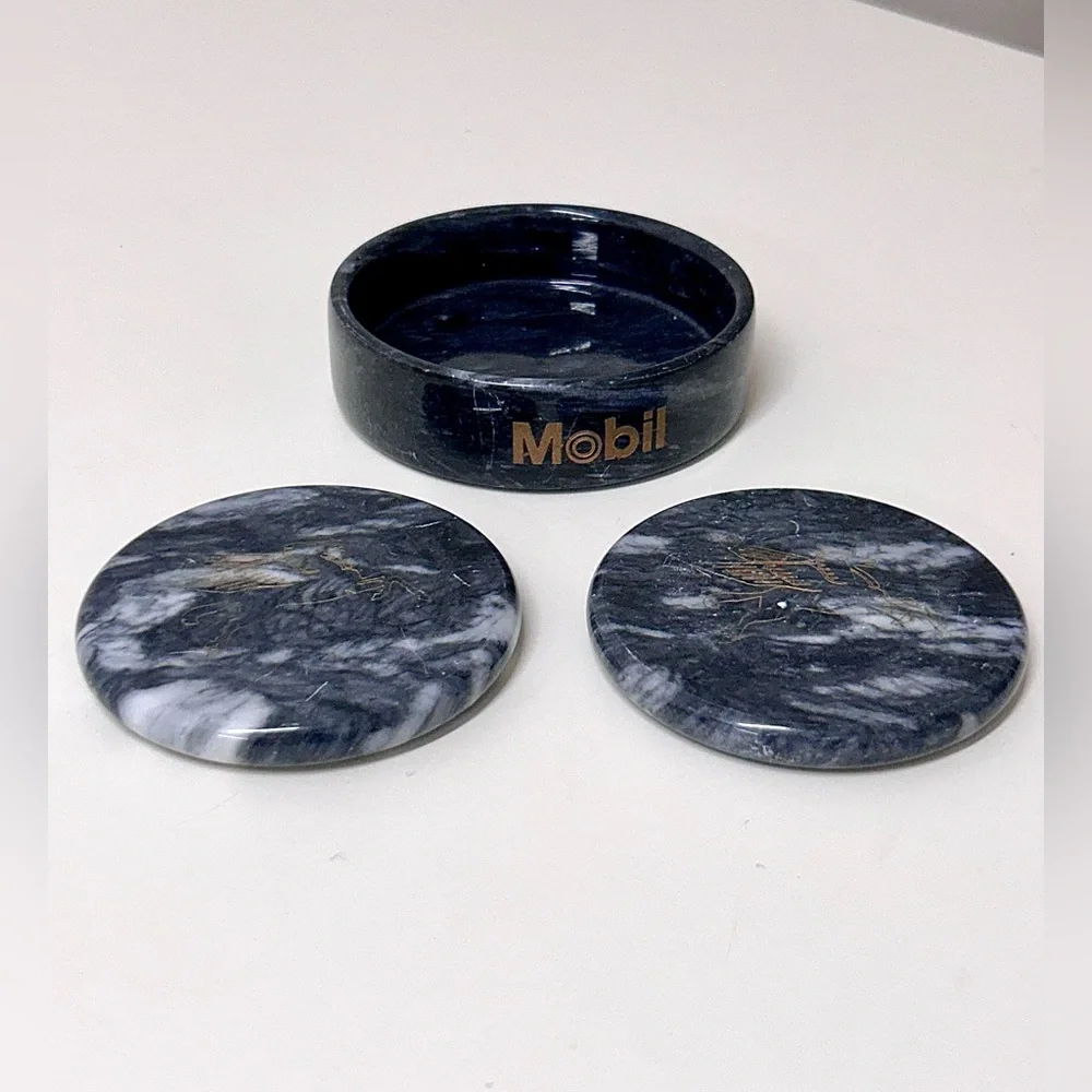 Vtg Executive Set of 2 Black Marble MOBIL Gas Oil Pegasus Logo Drink Coasters
